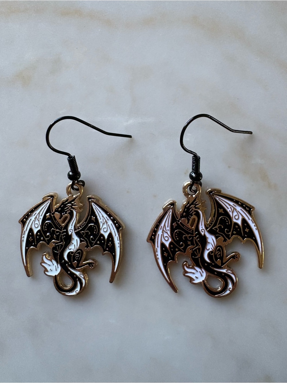 Black and White Dragon Enamel Drop Earrings